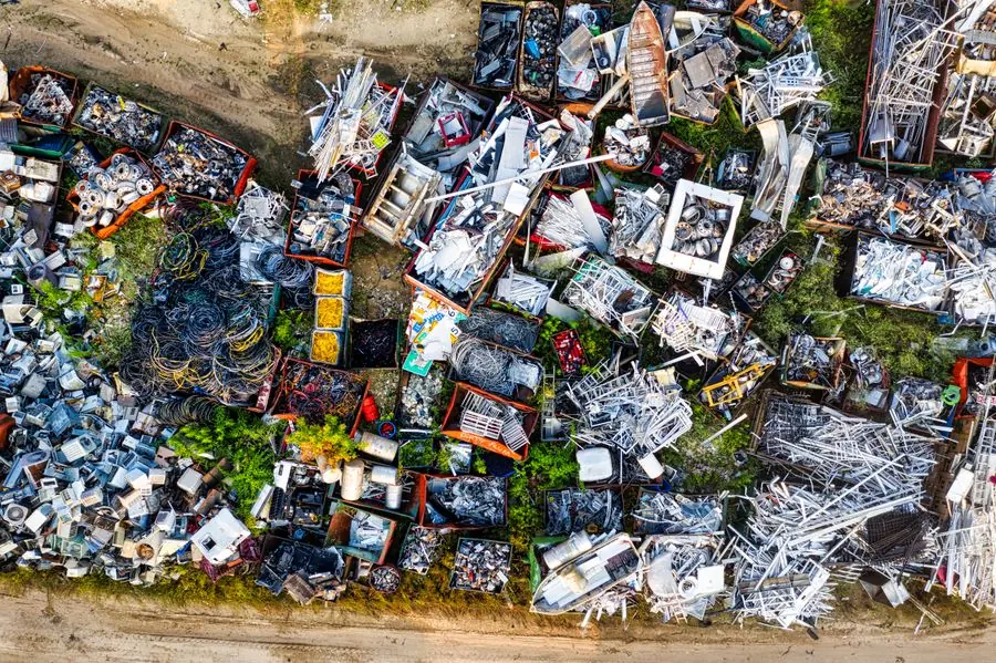 Aerial view of sorted scrap metal piles